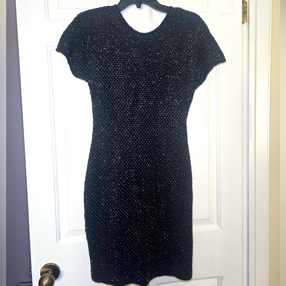 Carmen Marc Valvo Black Beaded Dress SS Size XS Deep V Back Shoulder Pads EUC